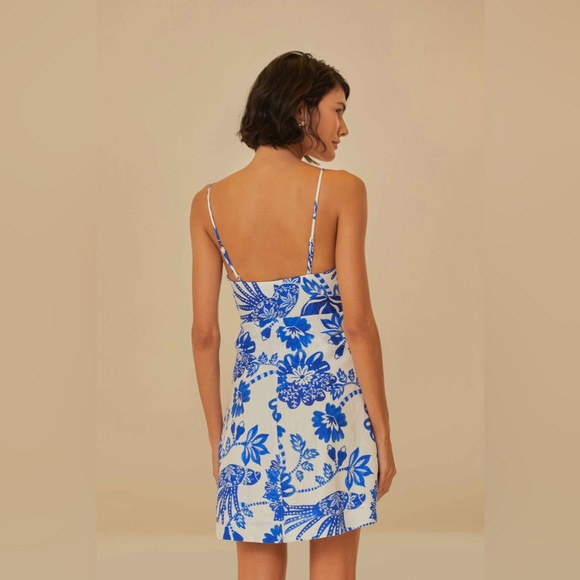 NWT Farm Rio Blue & White Linen Floral Birds Dress Size Small - Picture 3 of 11